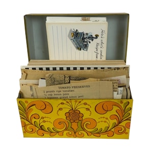 Vintage Metal Floral Recipe Box with Handwritten & Clipped Recipes Blank Cards