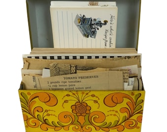 Vintage Metal Floral Recipe Box with Handwritten & Clipped Recipes Blank Cards