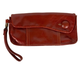Retro Fossil Echtleder Wristlet Clutch Geldbörse Roter Reißverschluss Akzent