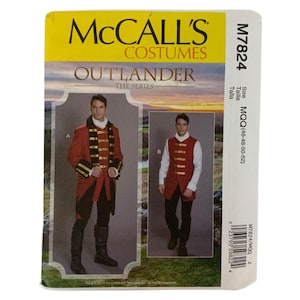 May include: A sewing pattern for a red and black men's costume jacket and vest. The pattern is for sizes 46-48-50-52 and is from McCall's Costumes. The pattern is for the TV show "Outlander".