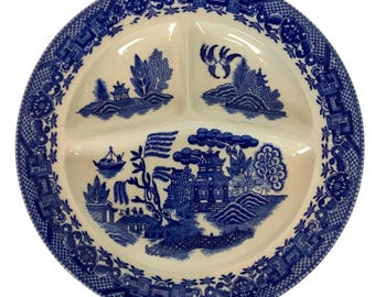 Antique Blue Willow Divided Plate Set: Moriyama Japan Transferware