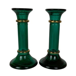 Vintage Pier 1 Green Glass Candleholders Pair With Gold Detail Made in Spain