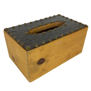 Vintage Wood & Studded Leather Tissue Box Cover Rectangular Rustic Western