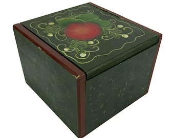 Hand Painted Wooden Recipe Card Box Apple Design Green Red Farmhouse Style