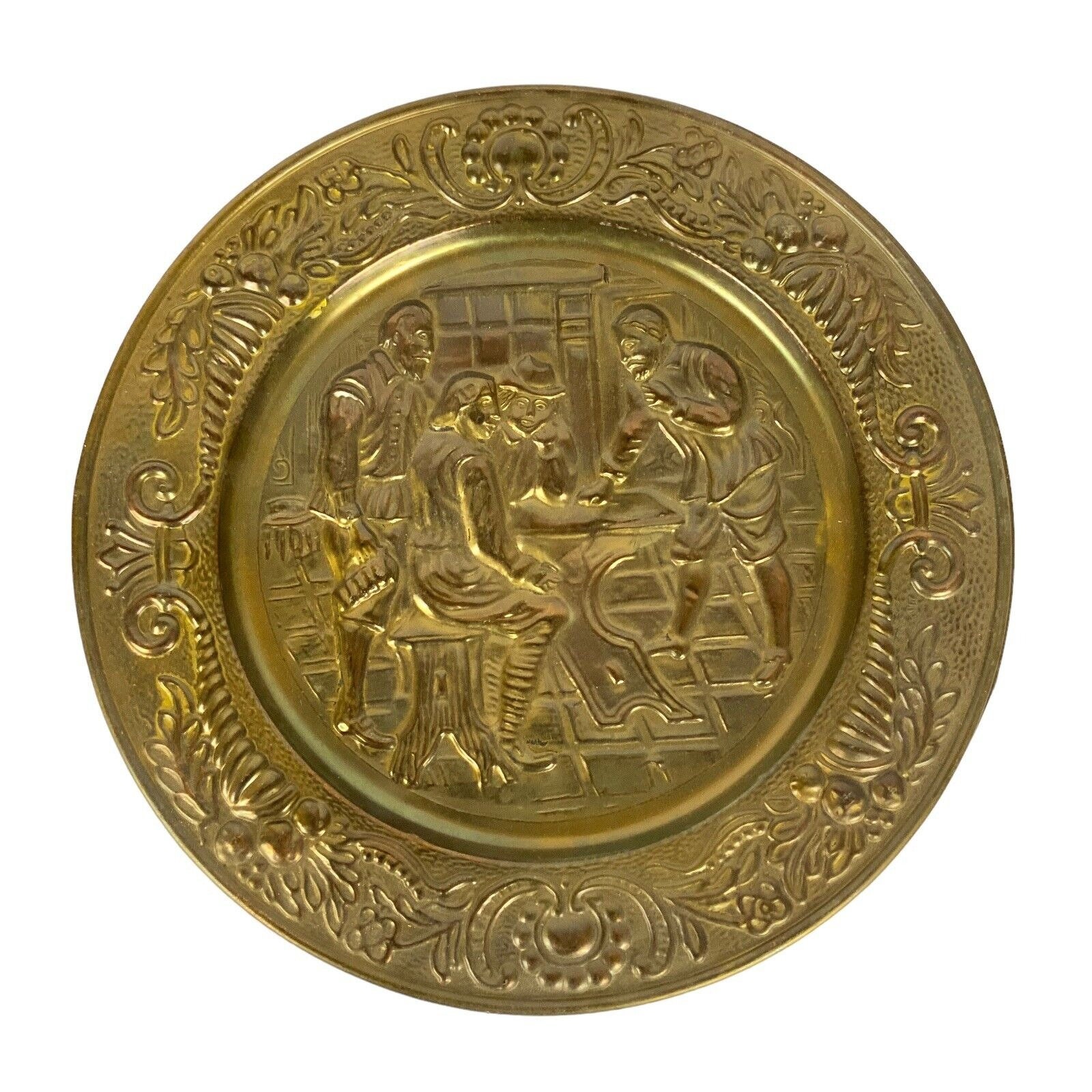 Elpec England Brass Chargers Plates Embossed Pub Tavern Scenes Vtg Wall
