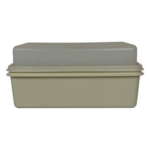 May include: A rectangular, light green plastic container with a matching lid. The container has a slightly textured surface and a simple, functional design. The lid sits snugly on top, creating a secure seal. Ideal for food storage.
