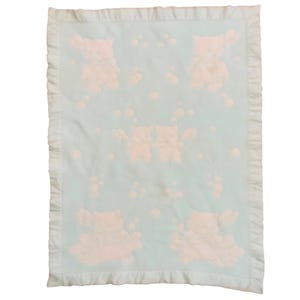 Vintage Baby Blanket With Satin Trim Kittens Bathing Design 34x44 Blue White