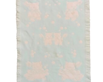 Vintage Baby Blanket With Satin Trim Kittens Bathing Design 34x44 Blue White
