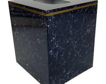 Plastic Faux Marble Tissue Box Cover Navy Blue Gold Trim Bathroom Decor 80s