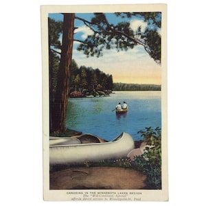 Canoeing Minnesota Lakes Region Postcard White Border Chrome Unposted 1920s 30s