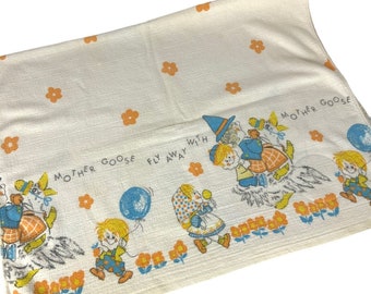 Babycare Receiving Baby Blanket 25x39 Mother Goose White Cotton Vintage 60s