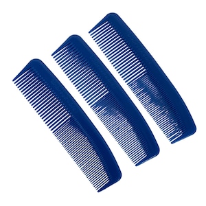 May include: Three navy blue combs with fine teeth are arranged diagonally against a white background. The combs have rounded edges and the word "Unbreakable" is printed on each comb.