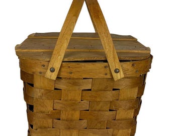 Vintage Woven Wooden Picnic Basket Farmhouse Style Hinged Lid Handles