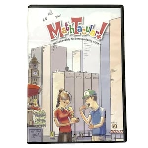 May include: A DVD case for MathTacular! Unbelievably Understandable Math featuring a cartoon illustration of a city street with two people eating, a hot dog stand, tall buildings, and birds flying in the sky against a light blue background.