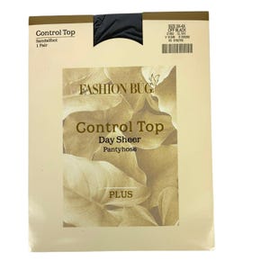 May include: A package of Fashion Bug Control Top Day Sheer pantyhose in off-black. The package includes the text "Control Top", "Day Sheer Pantyhose", and "Plus". The size is 3X-4X, sandalfoot, and includes 1 pair.