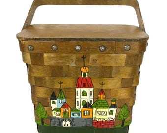 Gary Gail Dallas Vintage 1970s Woven Wood Basket Purse Hand-Painted Cityscape