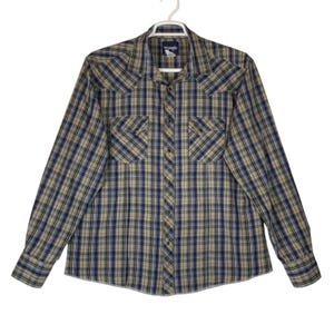 May include: A long-sleeved plaid shirt with a button-down collar and two chest pockets. The shirt is blue, beige, and black. The Wrangler logo is visible on the left side of the collar.