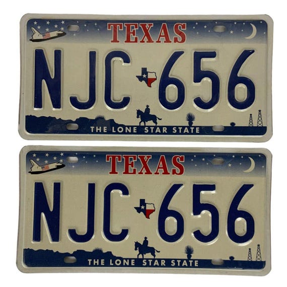 Texas Retired License Plate Pair NJC 656 Lone Star State Garage