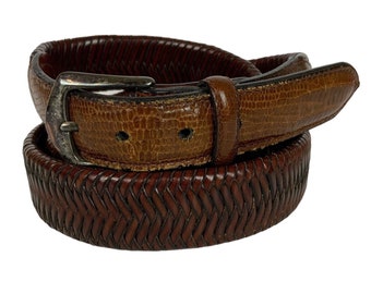 Mens Mixed Media Belt Size 40 Brown Woven Leather Reptile Texture Tabs