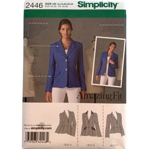 May include: Simplicity sewing pattern 2446 featuring a blue blazer with gold buttons. The pattern includes views A, B, and C, and the size range is US 16, 18, 20, 22, and 24. The pattern also includes instructions for the jacket front, armholes, sleeves, and lapels.