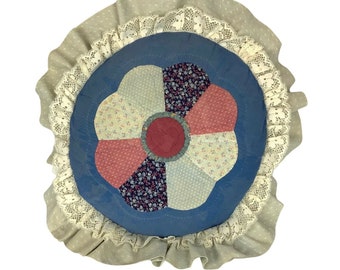 Dresden Flower 8 Pétales Patchwork Round Throw Oreiller Bleu Rose Fait à la main vintage