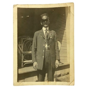 Vintage Black & White Photo Train Conductor Ticket Taker Snapshot 1930s-40s