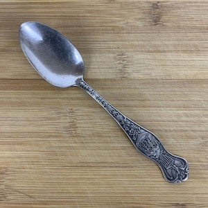 May include: A silver spoon with the word "NEW MEXICO" engraved on the handle. The handle features detailed embossed designs, including a crest and floral elements. The spoon is displayed on a wooden surface.