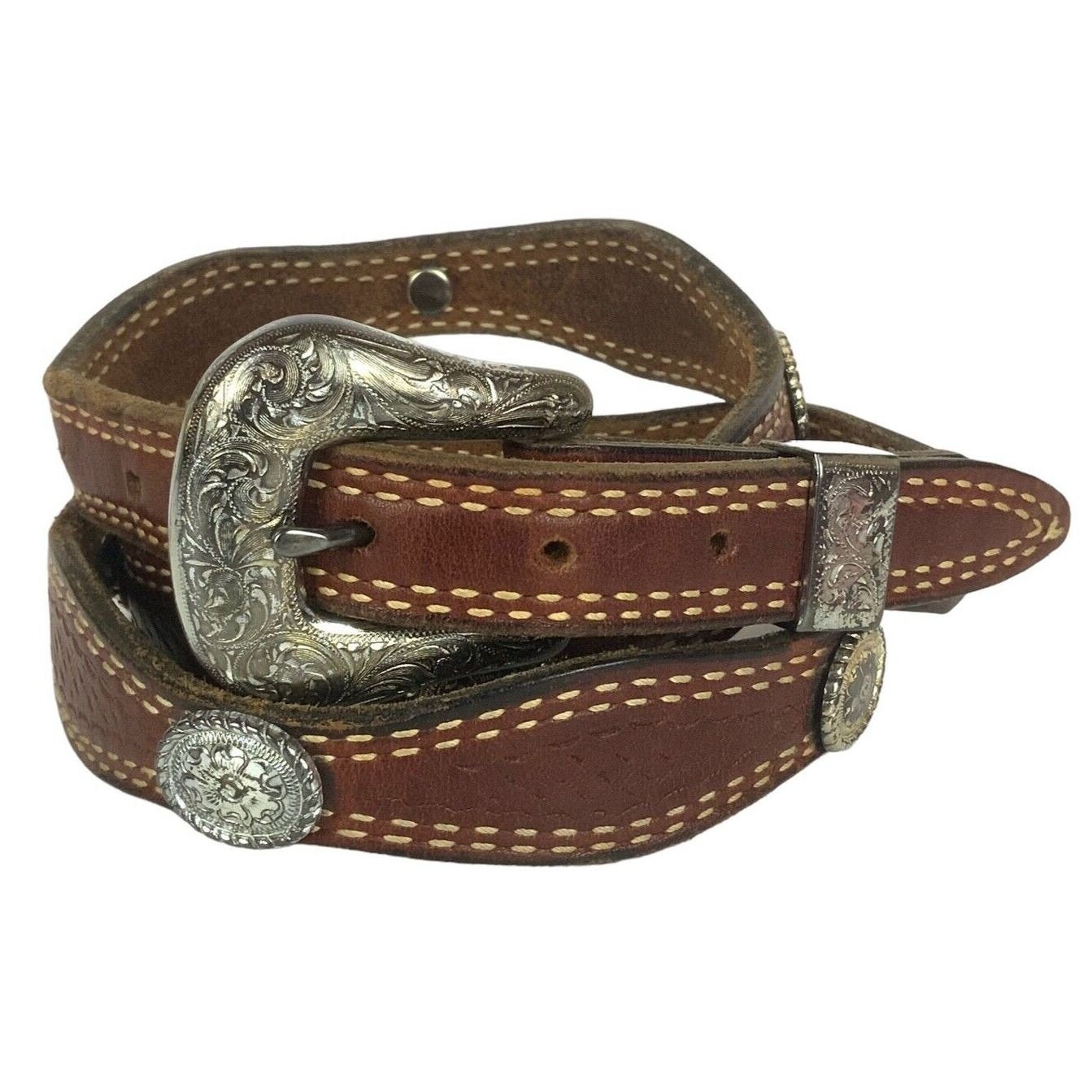 Nocona Mens Western Belt Size 40 Brown Leather Silvertone 