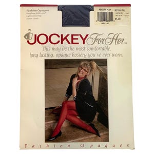 May include: Package of Jockey For Her Fashion Opaques pantyhose in Persian Plum. The packaging features the Jockey logo and text that reads, "This may be the most comfortable, long lasting, opaque hosiery you've ever worn."