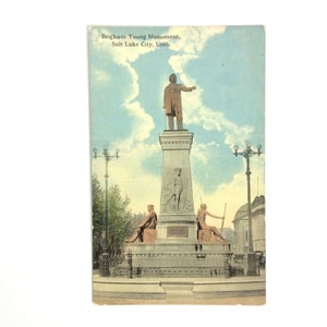 Salt Lake City UT Brigham Young Monument Postal Coloreada a Mano Vintage
