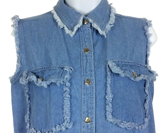 Denim Chambray Sleeveless Shirt Small Distressed Frayed Fashion PassPort 90s