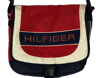 Vintage Tommy Hilfiger Messenger Saddle Book Bag Red Blue Spellout 