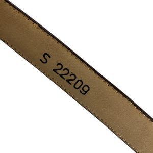 May include: Close-up of a brown leather belt with the text "S 22209" printed in black. The belt is angled diagonally across the frame, showcasing its texture and the embossed lettering.
