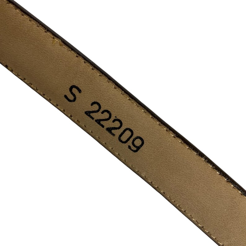 May include: Close-up of a brown leather belt with the text "S 22209" printed in black. The belt is angled diagonally across the frame, showcasing its texture and the embossed lettering.