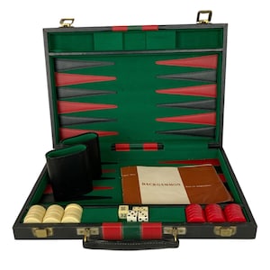 Set da backgammon Reiss vintage in custodia in similpelle a righe rosse e verdi completo
