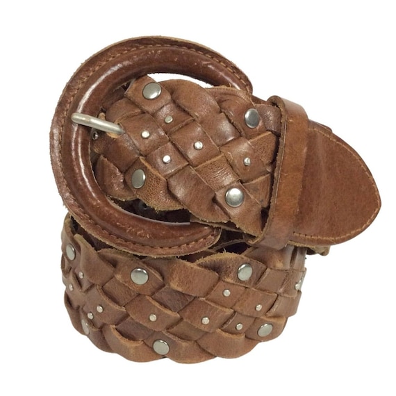 Wide brown woven leather braded studded belt Women main image 4