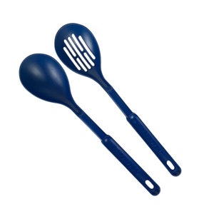 Mirro Kitchen Utensil Lot of 2 Blue Plastic Slotted Serving Spoons Made in USA