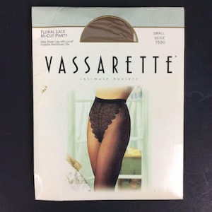 Vassarette Pantyhose Floral Lace Hi-Cut Panty Size Small Beige Sheer Leg Vintage