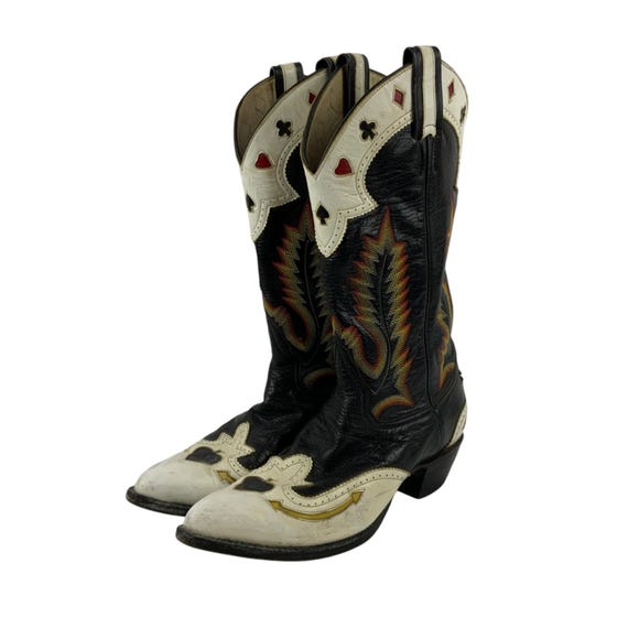 Larry Mahan Mens Western Cowboy Boots Playing Card Suit Design Black Leather 8D
