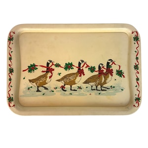 Potpourri Press Holiday Goose Metal Serving Tray Christmas Holly Berries 1985