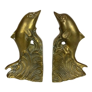 Vintage Brass Dolphin Waves Bookends Mid Century Home Library Decor Taiwan