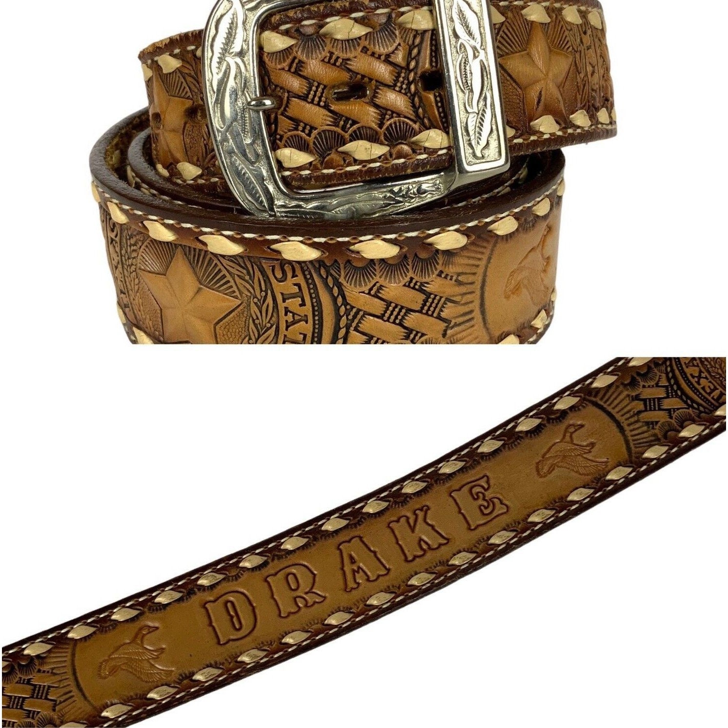 Brazos Joe Belt Co Mens Western Belt Sz 42 Brown Texas State Seal
