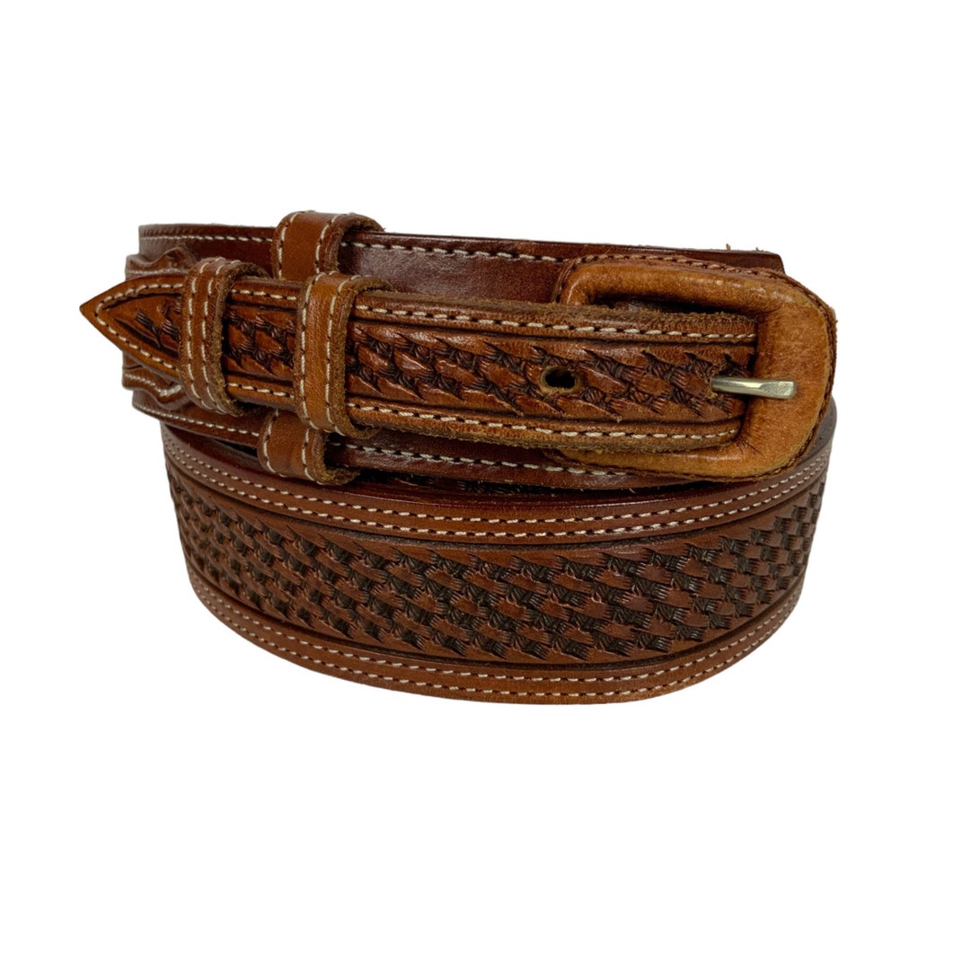 Vogt Mens Western Ranger Belt Sz 36 Brown Hand Tooled Leather