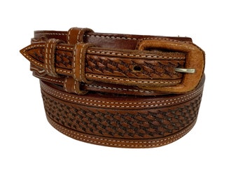 Vogt Mens Western Ranger Belt Sz 36 Brown Hand Tooled Leather Basketweave Cowboy