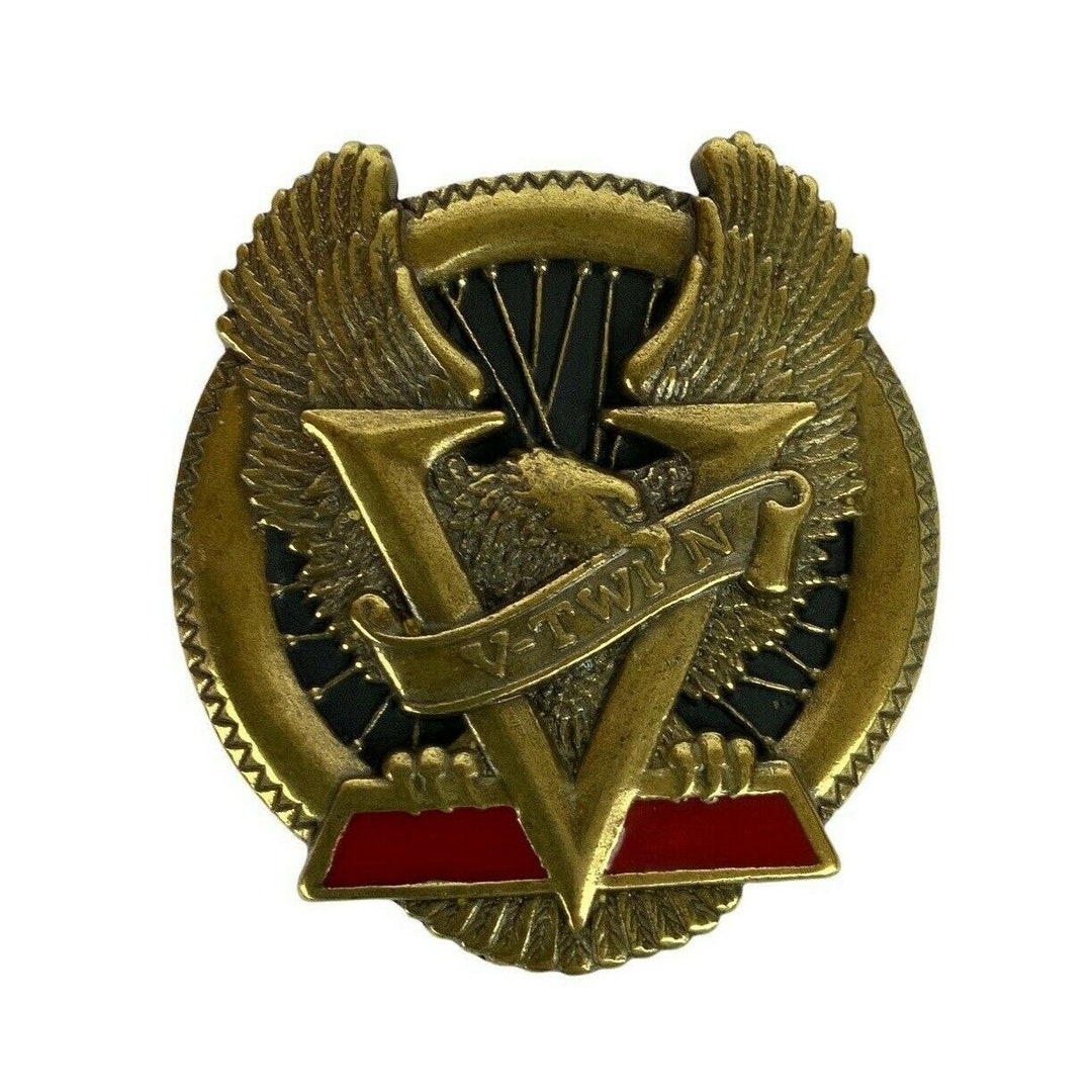 V Twin Belt Buckle Enameled Brass Motorcycle Enthusiast Vtg 80s Etsy