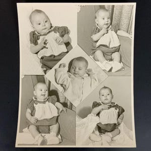 Vintage Baby Collage Studio Portraits Black & White Photo Print 1960