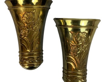 Homco Home Interiors Wandtaschen Goldtone Kunststoff Floral Geprägte Vasen 1985