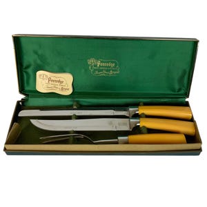 Peeredge Sheffield 3 Piece Carving Set Butterscotch Bakelite Handles England