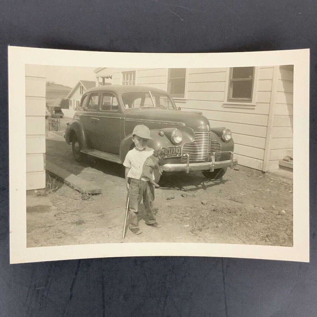 Little Boy Baseball Hat Puppy 1940s Chevrolet Car Photo Snapshot C1940