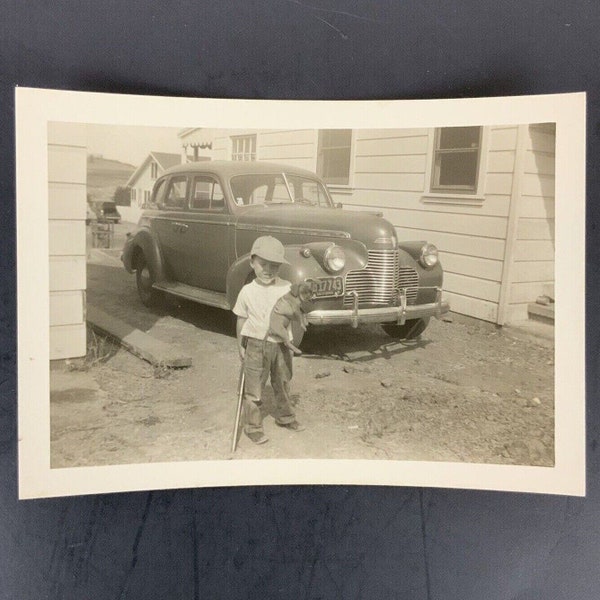 Little Boy Baseball Hat Puppy 1940s Chevrolet Car Photo Snapshot c1940-50s